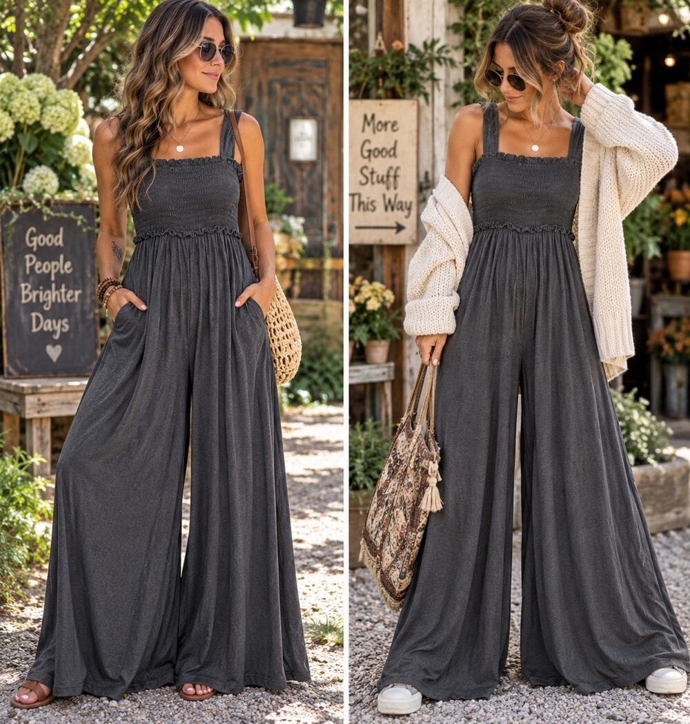 Natural Life Sz M Gray Smocked Wide Leg Jumpsuit Boho Palazzo Romper Festival